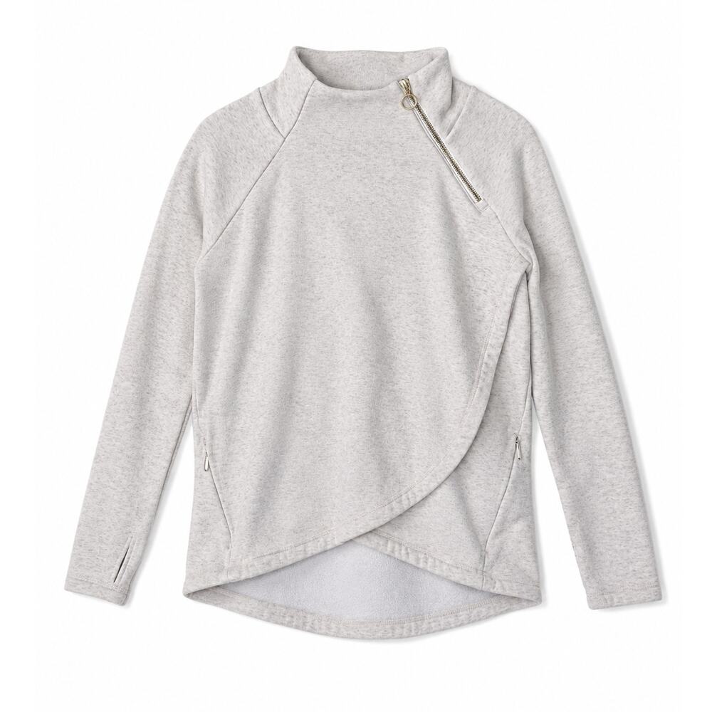 Athleta Cozy Karma Asymmetrical Zip Pullover Sweatshirt Beige-Gray Small